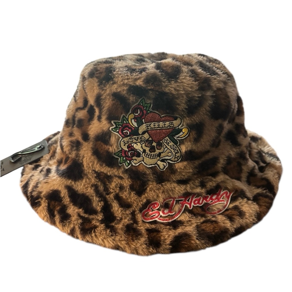 NWT Ed Hardy Leopard-Print Faux Fur Bucket Hat with Colorful Tattoo Patch| Y2K